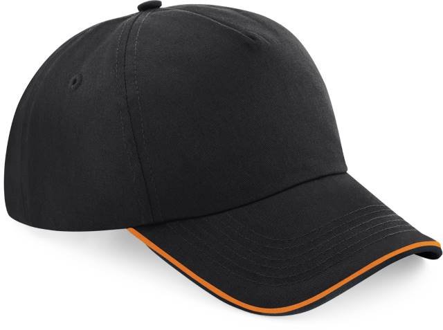 Beechfield Authentic 5 Panel Cap - Piped Peak – Black / Orange