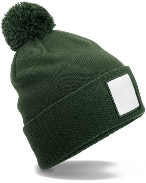Beechfield Appliqué Patch Pom Beanie – Olive Green / White