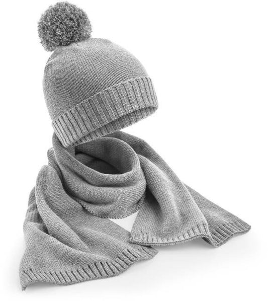 Beechfield Knitted Scarf and Beanie Gift Set – Light Grey Fleck
