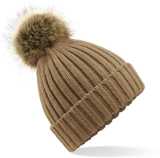 Beechfield Faux Fur Pop Pom Chunky Beanie – Biscuit