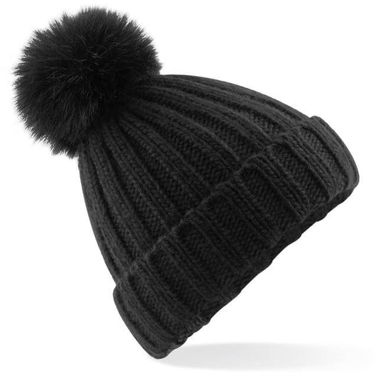 Beechfield Verbier Faux Fur Pop Pom Chunky Beanie – Black