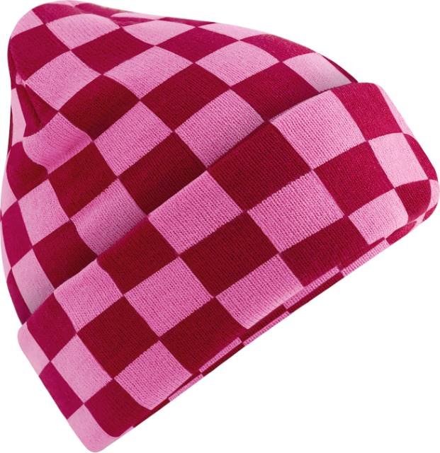 Beechfield Checkerboard Beanie – Classic Red / True Pink
