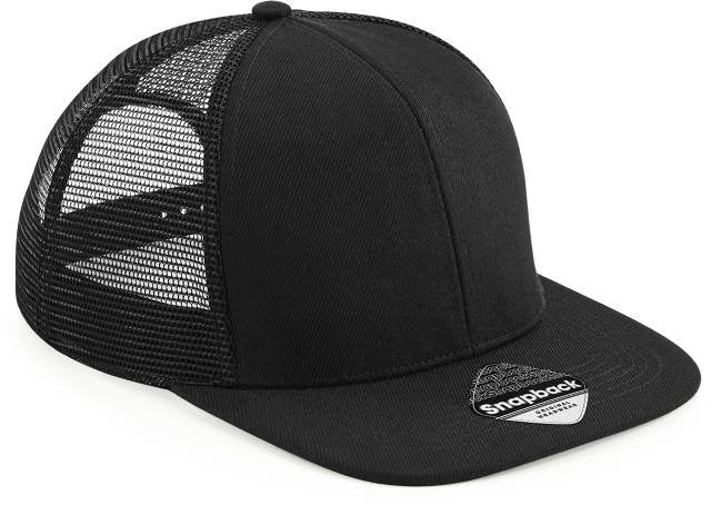 Beechfield Original Flat Peak 6 Panel Trucker Cap – Black / Black