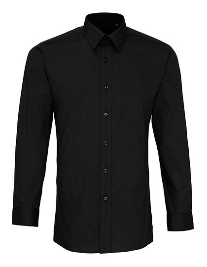 Premier Workwear Men's Long Sleeve Fitted Poplin Shirt – Black (ca. Pantone Black C)