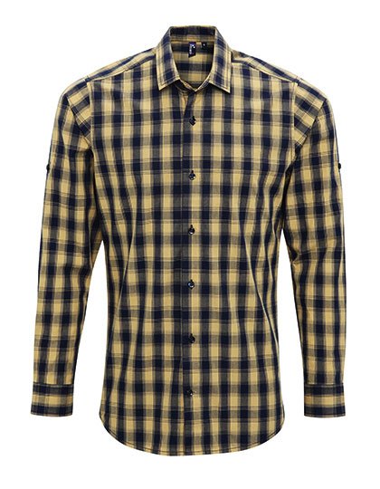 Premier Workwear Men's Mulligan Check Cotton Long Sleeve Shirt – Camel (ca. Pantone 132C) / Navy (ca. Pantone 2378C)
