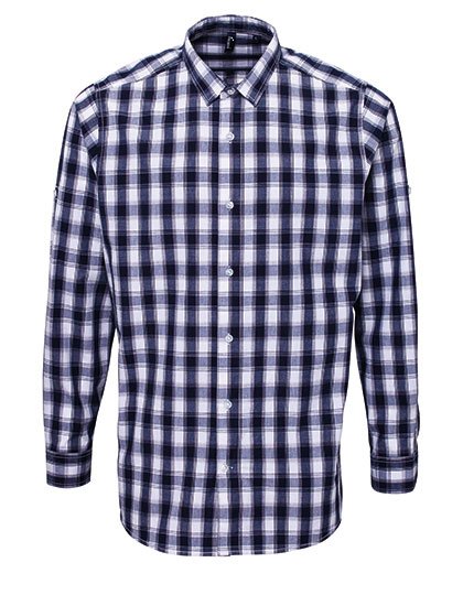 Premier Workwear Men's Mulligan Check Cotton Long Sleeve Shirt – White / Navy (ca. Pantone 2378C)