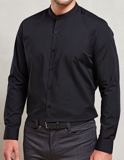 Premier Workwear Men's Banded Collar Grandad Long Sleeve Shirt – Black