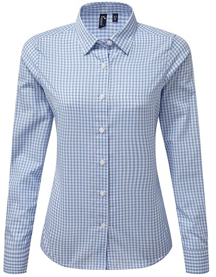 Premier Workwear Women's Maxton Check Long Sleeve Shirt – Light Blue (ca. Pantone 2707C) / White