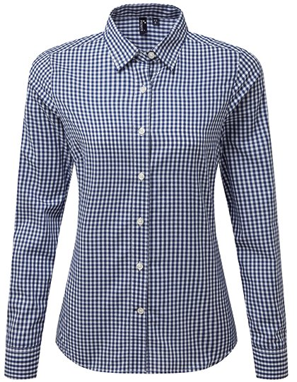 Premier Workwear Women's Maxton Check Long Sleeve Shirt – Navy (ca. Pantone 533C) / White