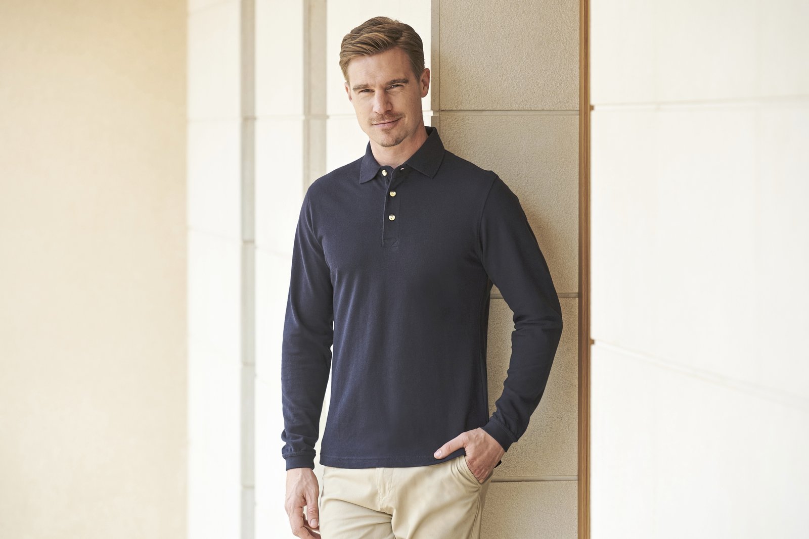 Henbury Long Sleeved Cotton Piqué Polo Shirt