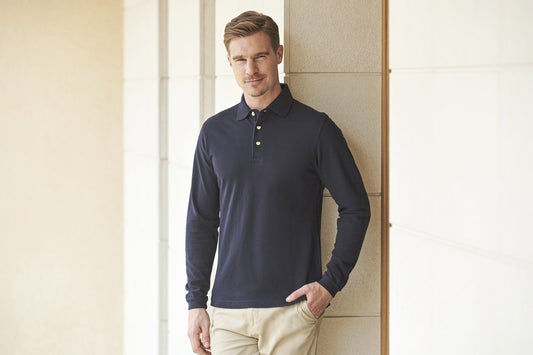 Henbury Long Sleeved Cotton Piqué Polo Shirt