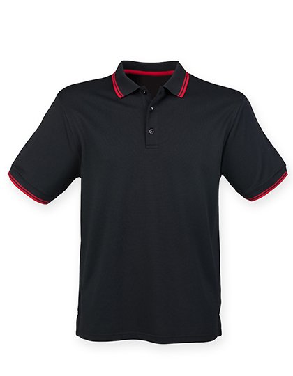 Henbury Men's Coolplus® Short Sleeved Tipped Polo Shirt – Black / Red