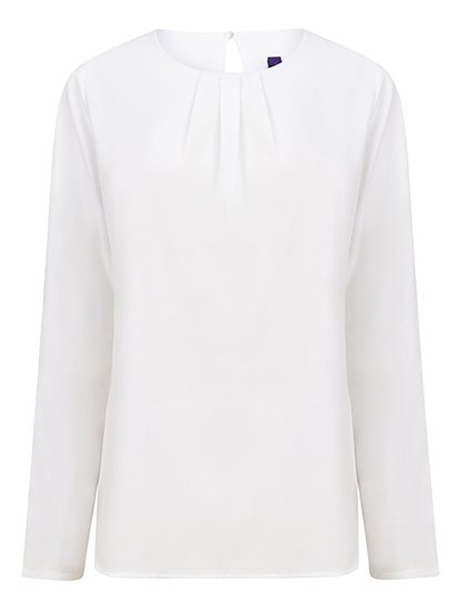 Henbury Ladies' Pleat Front Long Sleeved Blouse – White